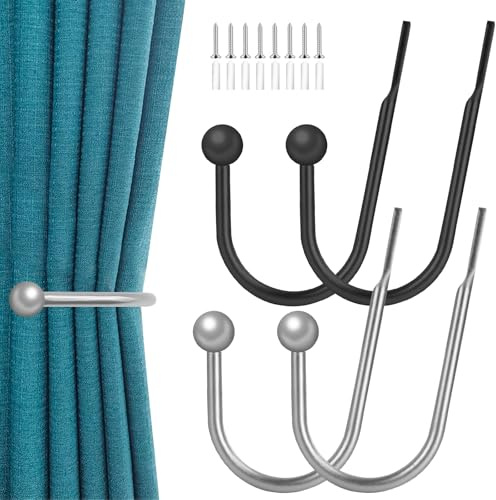 2 paia di fermatenda in metallo, a forma di U, per tende, soggiorno, camera da letto, ufficio, cucina (argento, nero)
