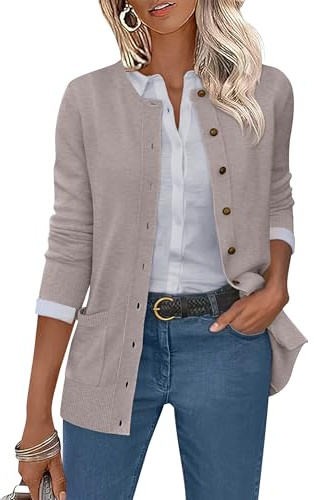 ANRABESS Women's Cardigans 2026 Fall Dressy Casual Long Sleeve Crewneck Button Down Open Front Soft Knit Cardigan Sweaters Bright Camel Medium