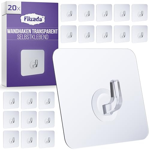 Filzada® 20x Klebehaken Extra Stark - bis 10kg - Haken Selbstklebend 70x70 mm - Transparente Haken - Klebehaken Transparent für Bad, Küche und mehr - Wandhaken Selbstklebend - Aufhänger
