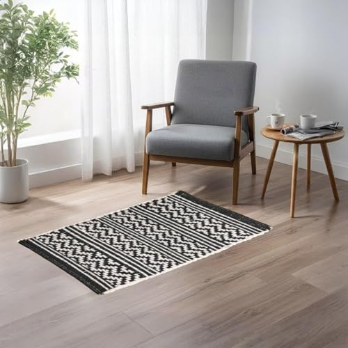 Home Universal® Alfombra Jarapa de Algodón Lavable | Diseño Geométrico Artesanal | Decoración Boho Mediterránea para Salón, Dormitorio, Pasillo y Cocina (Negro (Rayas y Zigzag), 50X80CM)