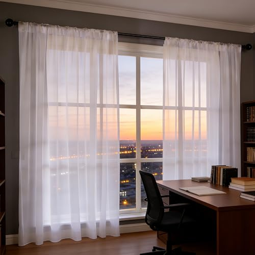 Voile Panels 75 x 115 cm Semi Transparent, Light Filtering Airy, Faux Linen, Eyelet, Lightweight, Pencil Pleat Net Curtains for Living Room/Bedroom/French Door, White