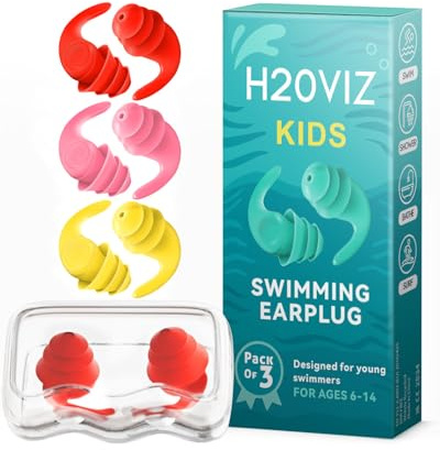 H20VIZ Pro Swim Ear Plugs | Waterproof, Reusable Silicone Earplugs for Swimming, Surfing, Snorkeling & All Water Sports (Kids 3 Pairs, Red, Pink, Yellow, 3 Pairs)