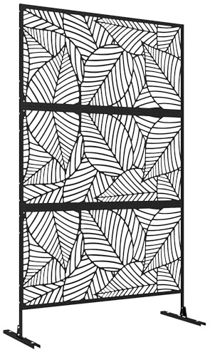 Outsunny Biombo de 3 Paneles, 122x198 cm, Biombo Separador de Ambientes con Soporte y Tornillos de Expansión, Diseño de Hojas Grandes, para Exterior, Jardín, Patio, Terraza, Negro