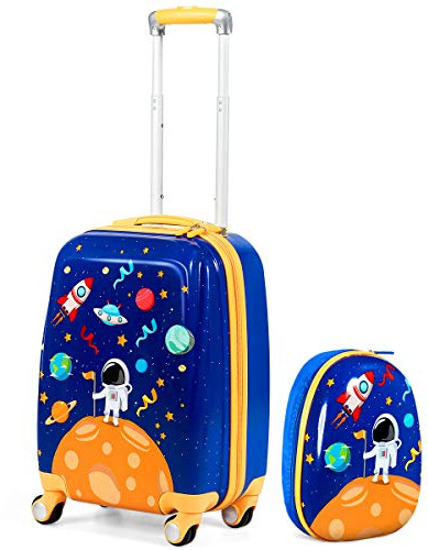 GYMAX 2Pcs Kids Luggage Set, 16/18 & 12 Girls Suitcase and Backpack Set with 4 Spinner Wheels, Hard Shell Children Trolley Case for Travel School (Dark Blue, 12 & 18)