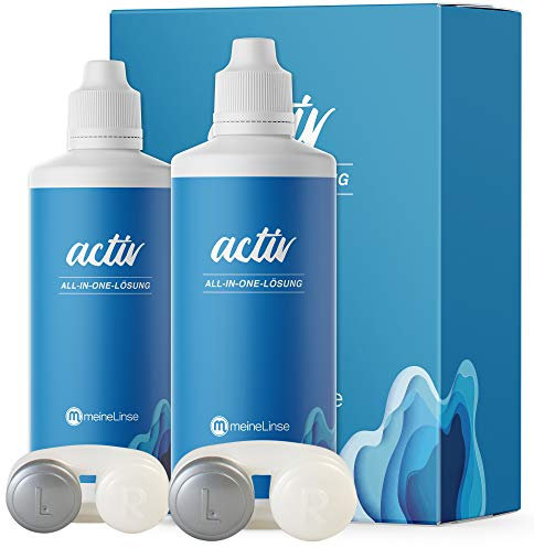 meineLinse activ All-in-One Kontaktlinsen Flüssigkeit für weiche Linsen | 2x 360ml + 2 Behälter | Kontaktlinsenflüssigkeit mit extra Plus an Feuchtigkeit