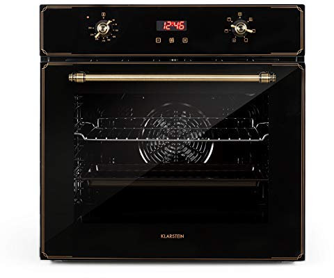 Klarstein Elizabeth - Elektrischer Einbaubackofen, Retro-Design, 70L, EEK A, Autark, Umluft/Ober- / Unterhitze/Grill, 2200 Watt, 50-250 °C, Drehregler und Türgriff in Messingoptik, schwarz