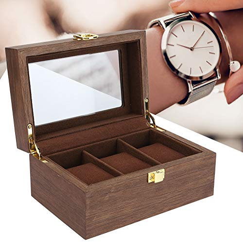 ZJchao Uhrenbox für 3 Uhren mit Glasfenster Watch Box Uhren Aufbewahrung, Watch Display Holzkiste, Black Walnut Watch Storage Organizer mit transparentem Bezug