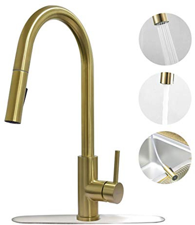 Trywell Brushed Gold Pull Down Out Kitchen Sink Faucet High Arch Stainless Steel Modern Home Bar Prep Mixer Tap 1 or 3 Deck Hole Plate