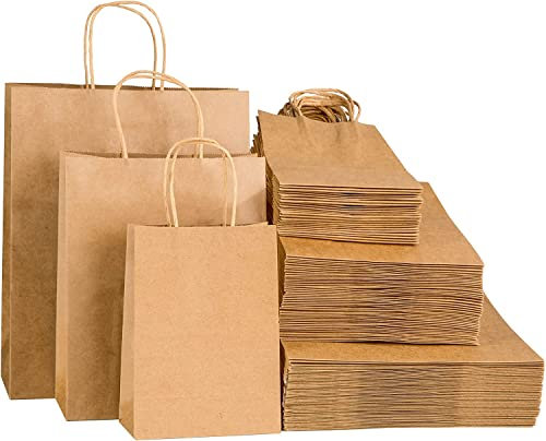 100stk Braun Papiertüten mit Henkel, Gemischte Größen Papiertragetaschen, Perfekte Kraftpapiertüten für Business, Einkaufstaschen, Einzelhandelstaschen, Partytüten, Geschenktüten, Merchandise-Taschen