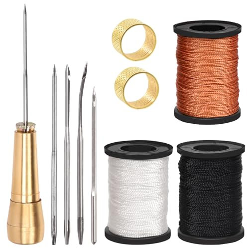 Swpeet El kit de agujas Awl de costura de cuero de lona portátil incluye hilo de nailon encerado de 50 m, mango de cobre, 2 dedales para telas pesadas, herramientas de costura de cuero hechas a mano y