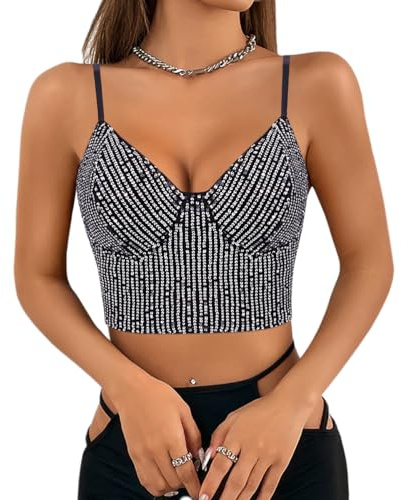Segreto Camiseta sin mangas con lentejuelas brillantes para mujer, sexy, con tirantes de espagueti, Crop Top, para festival, fiesta, club, camisola, XL