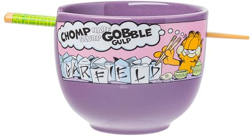 Silver Buffalo Garfield Eating Takeout Ceramic Ramen Noodle Rice Bowl with Chopsticks, Microwave Safe, 20 Ounces