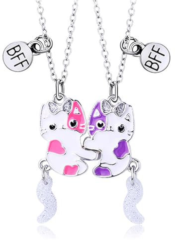 LYQNIHOB 2er Set Damen Halsketten Silber mit Freundschaftskette, BFF-Ketten für 2 Mädchen, Katzen-Anhänger, modischer Schmuck für Freundin, personalisiertes Geschenk