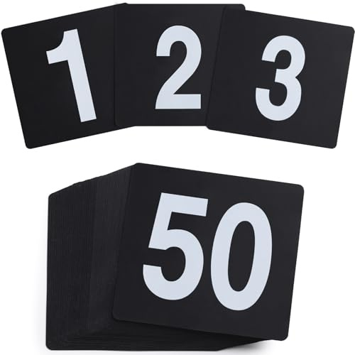 Números de mesa de plástico de doble cara, tarjetas de lugar, tarjetas de números de mesa (negro, 50 números de mesa)