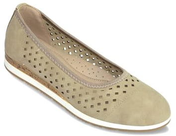 Dr Keller Ladies Wide E Fit Punchwork Ballerina Shoes, Nubuck Effect Comfort Flats with Cutwork & Cork Wedge Trim Beige 5