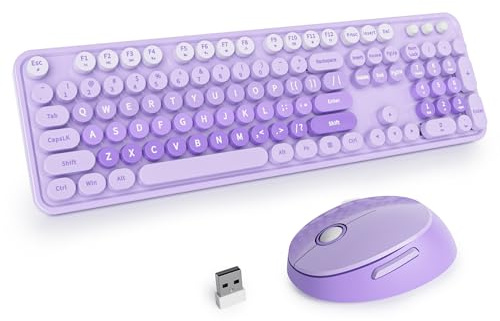 SOLIDEE Trådlös Tangentbord och Mus Combo,Retro Skrivmaskins Tangentbord,2.4GHz Rundtangentbord med Nummerknapp,104 Tangenter Fullstorlek Ergonomiskt Tangentbord(US Layout QWERTY)(Purple Gradient)