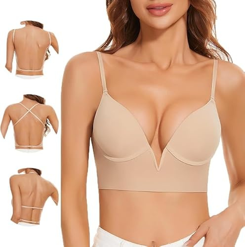 Uoolerp Soutien Gorge Dos Nu - Rembourrage Léger sans Couture Soutien Gorge Dos Nu Invisible Décolleté Plongeant Brassière Soutien Gorge avec Armature Bretelles Réglables(Nude,90D)