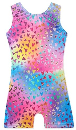 XiaoMoSha Leotardos de gimnasia para niñas, leotardo de baile brillante, sin mangas, para niñas, atlético, ballet, danza, para niñas de 3 a 14 años, RainbowHeart1, 9-10 años