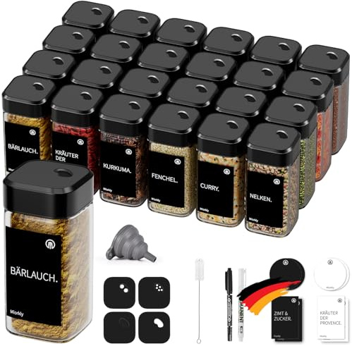 Miorkly Set di barattoli per spezie rettangolari, 24 x 120 ml, colore nero, con inserto per spargimento, per spezie, set di contenitori vuoti, contenitori per spezie, set per spezie, organizer per