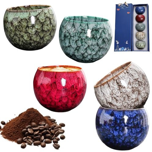 WANDGU Juego de 5 tazas de café de cerámica, hechas a mano, de porcelana, de pared gruesa, sin asa, 150 ml, para café expreso, té