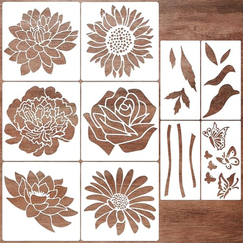 JSRQT 10 Piezas Plantillas Grandes Flores para Pintar,Plantilla para Pintura de Pared de Madera Exteriores Reutilizables para Jardín Valla de Madera Muebles Telas Decoración (30 x 30 cm)