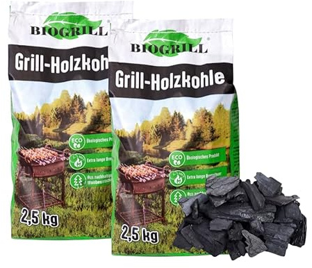 BIOGRILL Grill Holzkohle 5 kg (2 Packungen je 2,5 kg) aus Buche/Eiche/Esche – BBQ Kohle für Holzkohlegrill, Steakhouse – Premium Qualität, Hartholz Grillkohle für Perfektes Grill, Extra Lange Glut