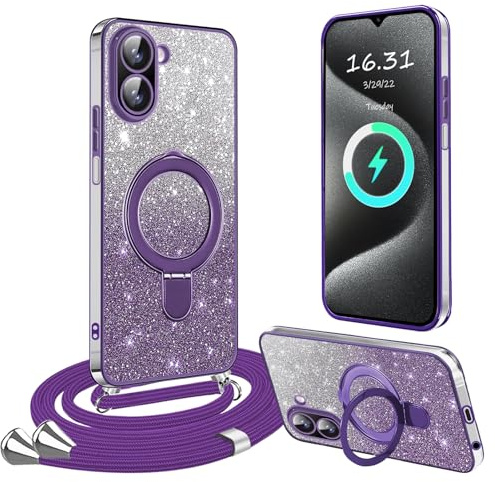 XCYYOO Mobiltelefonfodral för Xiaomi Redmi A5, fodral med band, [Med avtagbart stativ] transparent silikon, stötsäker mobiltelefonkedja, skyddshölje, ring, stativ med kedja för Redmi A5, lila