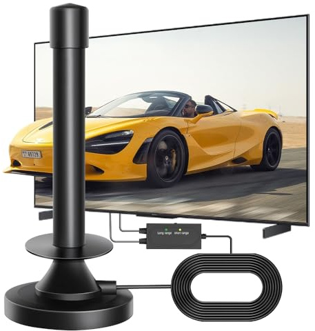Indoor TV Aerial with Magnetic Base, 360° Reception Digital TV Aerial Indoor with Signal Booster Supports 4K 1080P/Full HD Freeview TV Digital TV Antenna with 5M Coaxial Cable, Works with All UK TVs