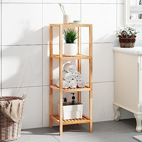 Holamys Mensola da bagno 36 x 36 x 112 cm, in legno massello di noce, autoportante, con 4 ripiani, versatile spazio per asciugamani, articoli per l'igiene e accessori da bagno