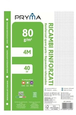Pryma Ricambi Rinforzati FSC A4 – Confezione 5 Blocchi da 40 Fogli 80 g – Carta per Quaderni ad Anelli, Foratura Universale (Quadretti 4m)