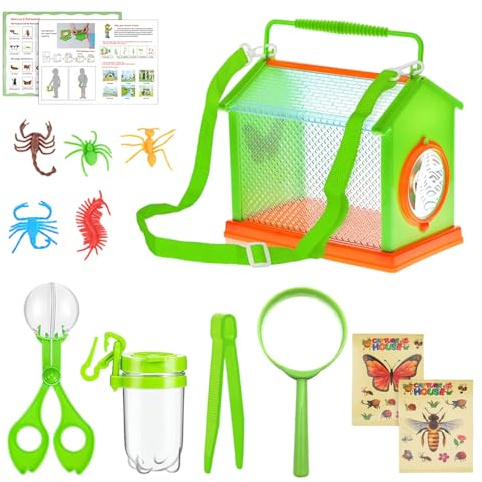 Nature Explorer Set for Kids Ages 4-12 Including Observation Box Butterfly Net Catcher Outdoor Magnifier