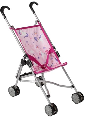 Bayer Chic 2000 rolig dockvagn, minibuggy, rosa enhörning | Rosa enhörning dockvagn från 3 år med säkerhetsbälte. Vikbar dockvagn för dockor upp till 50 cm. Fast glidhöjd: 55 cm