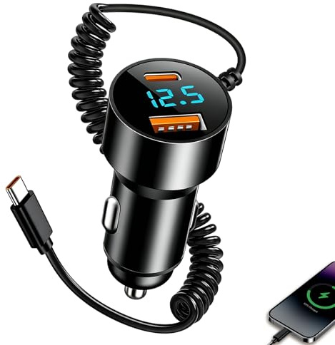 100W billaddare snabbladdning 12V/24 V 2 portar QC3.0 PD 30 W | Snabb laddning bilcigarettändaradapter, för iPhone/Samsung/Xiaomi/Huawei/Android-telefoner/surfplatta PC med spiralkabel