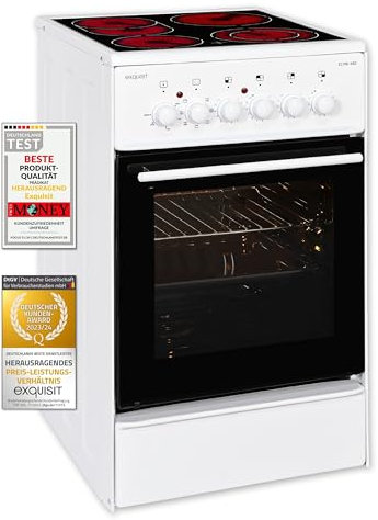 Exquisit Standherd ECM 8-4.1 BZ | Standherd 50cm mit Glaskeramik Kochfeld | 2-Kreis-Bräterzone | Umluft | Grill | Heißluft | Elektroherd freistehend 50 cm | weiss