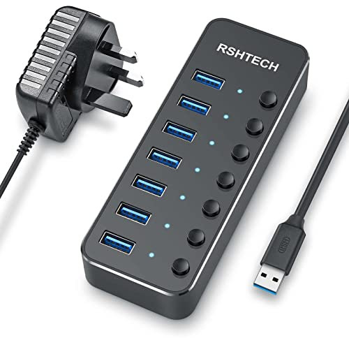 RSHTECH USB Hub Powered 7 Port USB 3.0 Data Hub Aluminum USB Extension Splitter with Individual On/Off Switch Universal AC to DC 5V Power Adapter (RSH-518)