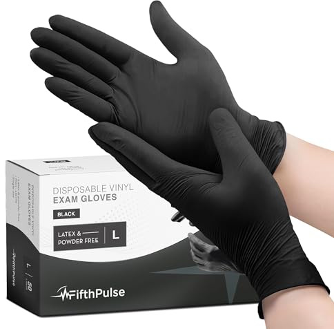 FifthPulse Black Vinyl Disposable Gloves Large 50 Pack - Latex Free, Powder Free Medical Exam Glove - Surgical, Home, Cleaning, and Food Gloves - 3 Mil Thickness
