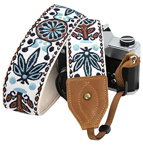 Padwa Lifestyle Camera Strap - 2 Wide Classic Vintage Crazy Horse Arts Cowhide Head Cotton Embroidered Universal Neck Shoulder & Crossbody Camera Straps for Photographers Gift and All DSLR Cameras