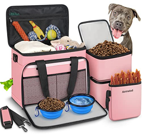 Abrimelodi Set of 6 Dog Bags, Includes 2 Food Containers, 1 Dog Travel Organiser, 2 Collapsible Bowls, 1 Treat Bag, Pink, pet Travel Bag