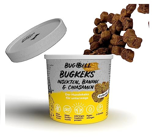 BugBell 8x150g Hundekeks, Gesunde Hundekekse zum Training o. als Snack, Belohnungs-Leckerli für aktive Hunde, Banane & Chia & Lachsöl & L-Carnitin als Energielieferanten, hergestellt in DE, sensitiv