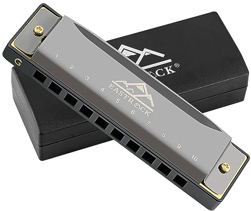 EastRock Blues Harmonica à bouche 10 trous en sol avec étui, harmonica diatonique pour joueur professionnel, débutant, étudiant, cadeau pour adultes, amis, cadeau noir