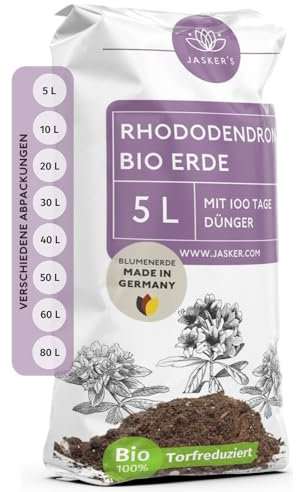 JASKER'S Bio Rhododendronerde 5 L - Saure Erde mit 20% weniger Torf für Moorbeetpflanzen - Erde für Pflanzen mit Dünger - Saure Blumenerde - Pflanzenerde mit saurem PH-Wert