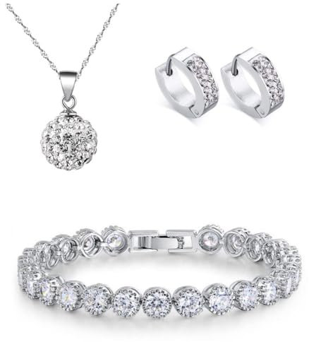 KIM JOHANSON® Damen Schmuckset *Nela* in Silber I Halskette mit Anhänger aus 925 Sterling Silber I Creolen Ohrringe aus Edelstahl I Set für Frauen I Kristall Armband I Wasserfest inkl. Schmuckbeutel