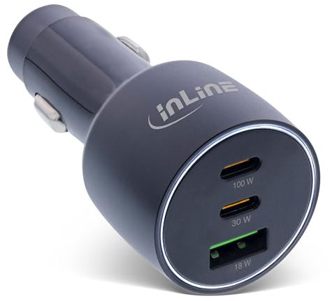 InLine USB-C KFZ-Ladegerät, 100W, 5A, 2x USB-C Power Delivery 3.0, 1x USB-A QC 3.0, mit weißem LED-Licht, Zigarettenanzünder, für Notebooks, iPhone/Pro/mini, iPad Pro/Air/mini, Galaxy und mehr, 31502A