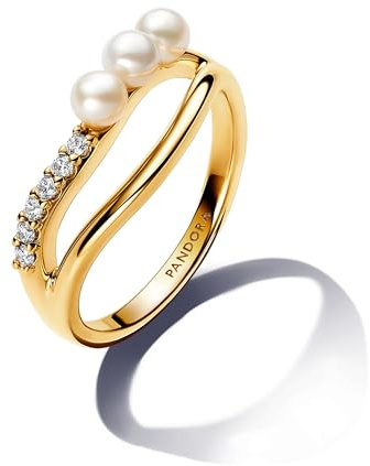 PANDORA Essence Anillo chapado en oro de 14 quilates con perla blanca cultivada de agua dulce tratada y circonita cúbica transparente