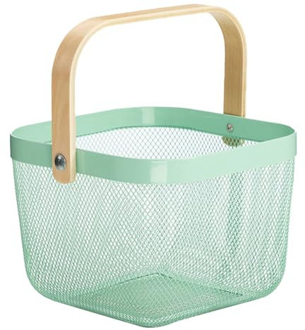 AJIODA Metal Mesh Steel Basket, Storage Organizer Basket Multi-functional Hanging Kitchen Baskets Fruit Basket with Wooden Handle for Kitchen Bathroom Picnic Shopping Decor Cabinet Home, Macaron Blue