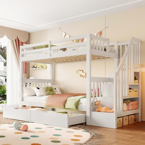 Dolamaní Letto a castello 90 x 200 cm, letto a soppalco, per 2 bambini, culla con scale, elevata protezione anticaduta, cassetto sotto il letto, tasche laterali, colore bianco