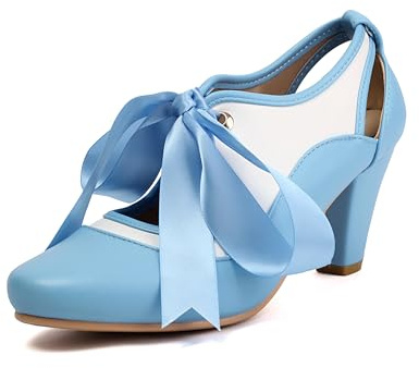elerhythm Mary Jane Two Tone Lace Up Chiuso Punta Rotonda Vintage Tacchi Gatsby 1950 décolleté anni '20 vittoriane Retro Scarpe, Blu, 40 EU