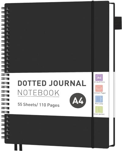 RETTACY A4 Spiral Notebook, Dotted Journal, 110 Pages, Black | Flexible Plastic Cover Notepad, 100 GSM Thick Bullet Paper, for Women Men Work Office School - 21.5 × 27.9 cm