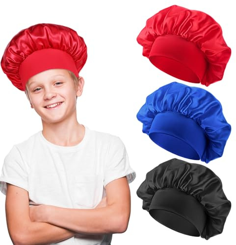 JIEYAO Lot de 3 bonnets en satin pour enfants endormis, bonnet de nuit en soie pour cheveux bouclés et tout-petits – Bonnet de nuit élastique pour filles et garçons – Bonnet de nuit pour adolescents