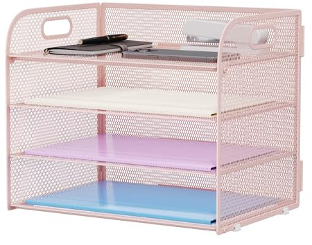 Marbrasse Schreibtisch Ablagen Organizer,4-Stufige Brief Papier Ablage mit Griff,Metall Gitter Design für Schreibtisch,Büro,Hause,Aufbewahrung für A4 Dateien und Dokumenten(Rosa)